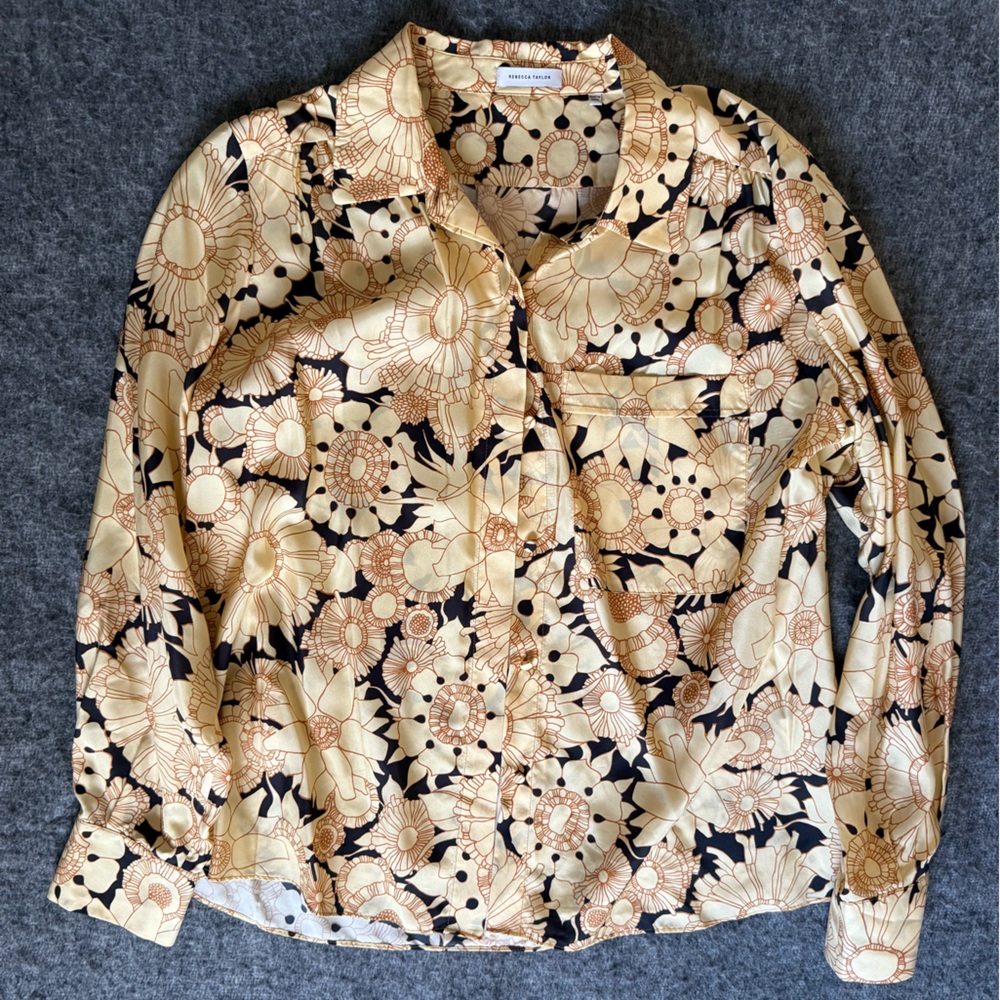 Rebecca Taylor Pop Art Floral Button-up Silk Shirt in black/yellow floral